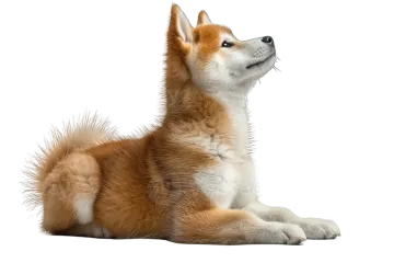 a brown and white dog laying down on the ground