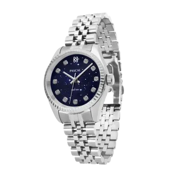 a women's watch with a blue dial