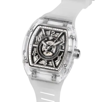 a white watch with a black dial