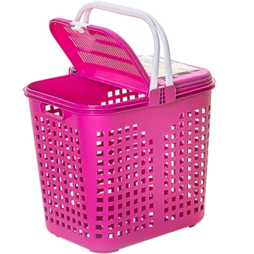 a pink plastic laundry basket