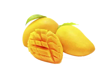 two mangos cut in half on a white background