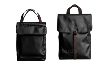 a black leather backpack with brown straps
