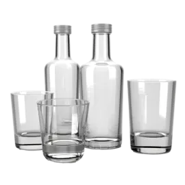 a set of four empty bottles and glasses