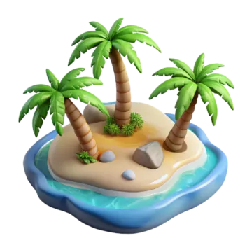a small island with two palm trees on it
