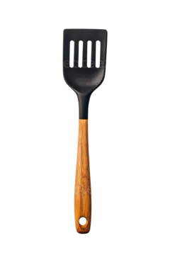 a black spat with a wooden handle