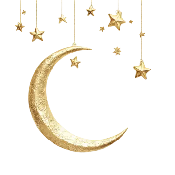 a gold crescent with stars hanging from it