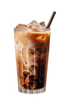 a tall glass of iced coffee with ice