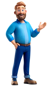 a cartoon character in a blue shirt and brown pants