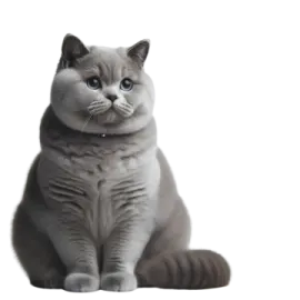 a gray cat with blue eyes sitting down