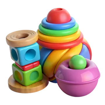 a stack of colorful wooden toys on a white background