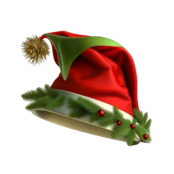 a red and green christmas hat with a pine branch