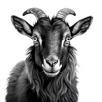 a black and white goat head with long horns