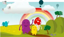 a group of cartoon characters standing in front of a rainbow