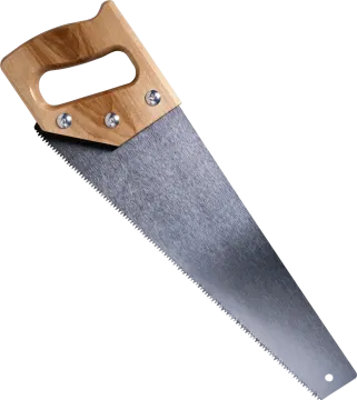 a close up of a saw with a wooden handle