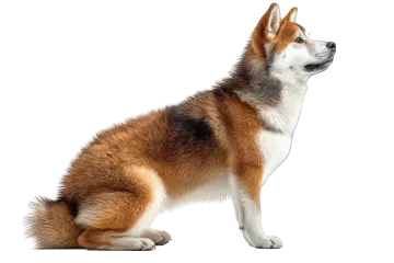 a brown and white dog sitting on the ground