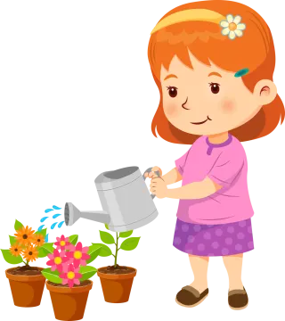 a little girl watering flowers