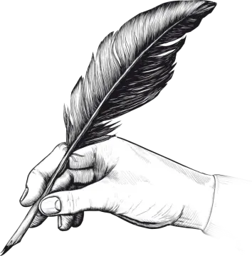 a hand holding a feather with a pen in it