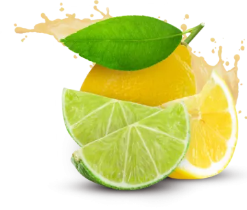 two lemons and one lime with a splash of orange juice