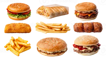 a bunch of different types of food on white background