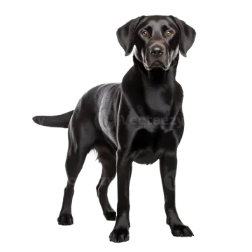 a black labrador dog standing in front of a white background