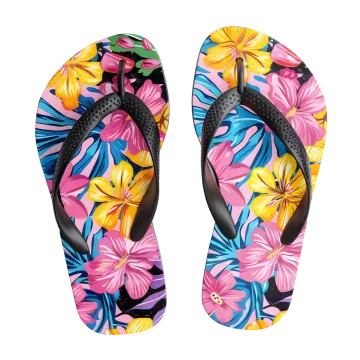 a pair of flip flops with colorful flowers