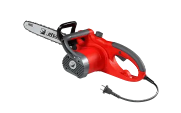 A red and black chainsaw with a cord