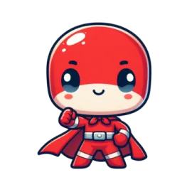 a cartoon character with a red cape and black eyes