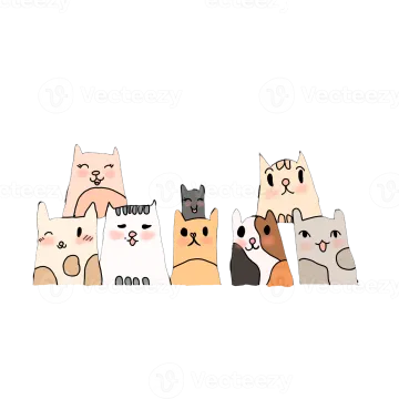 a group of cats sitting in a row