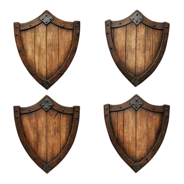 three wooden shields on a white background