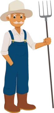 a farmer with a pitchfork and hat