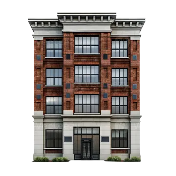 a two story brick apartment building on a white background