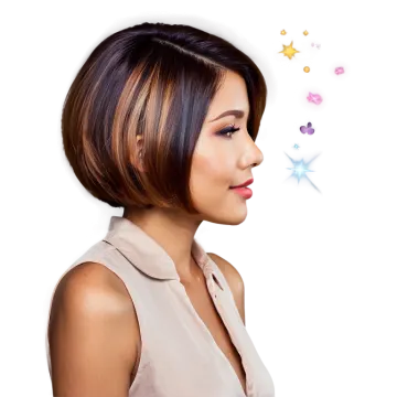 a woman with short brown hair and pink lipstick