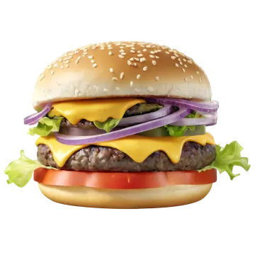 a big hamburger with cheese, onions, and lete