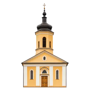 a yellow church with a cross on top