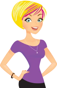 a woman in a purple shirt and black skirt