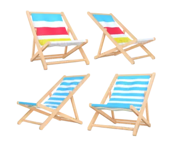 a set of four wooden beach chairs with colorful stripes