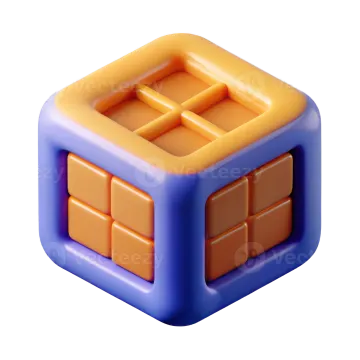 a blue and orange cube with two squares on it