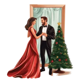 a man and woman standing in front of a christmas tree