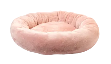 a pink dog bed on a white background