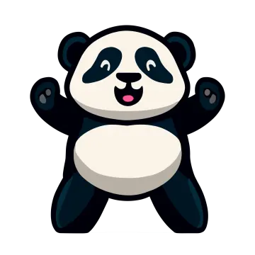 a black and white panda bear with its arms up