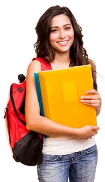 a young girl holding a book and smiling at the camera