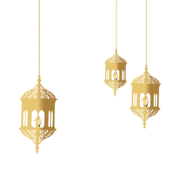 three golden lanterns hanging from a white background