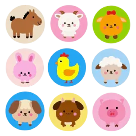 a bunch of farm animals in different colors