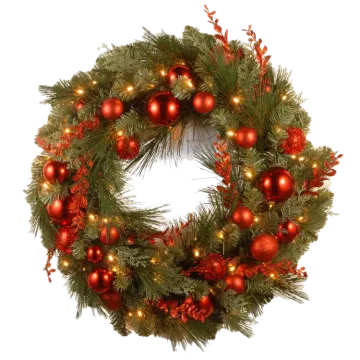 a christmas wreath with red and gold ornaments