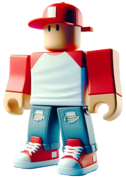 a lego figure wearing a red hat and blue jeans