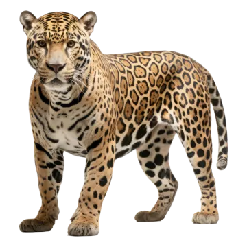 a large leopard standing up against a white background