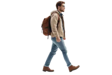 a man walking with a backpack on his back