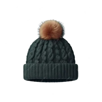 a green cable knit beanie hat with a fur pom