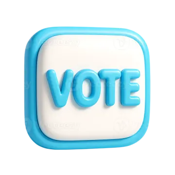 a blue and white vote button on a white background