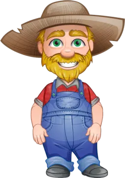 a cartoon farmer with a hat and overalls